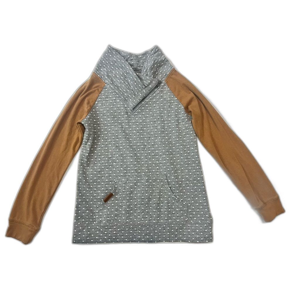 Maurices Gray and White Polka Dot Top w Brown Sleeves Cowl Neck Sweatshirt XS - Picture 1 of 16
